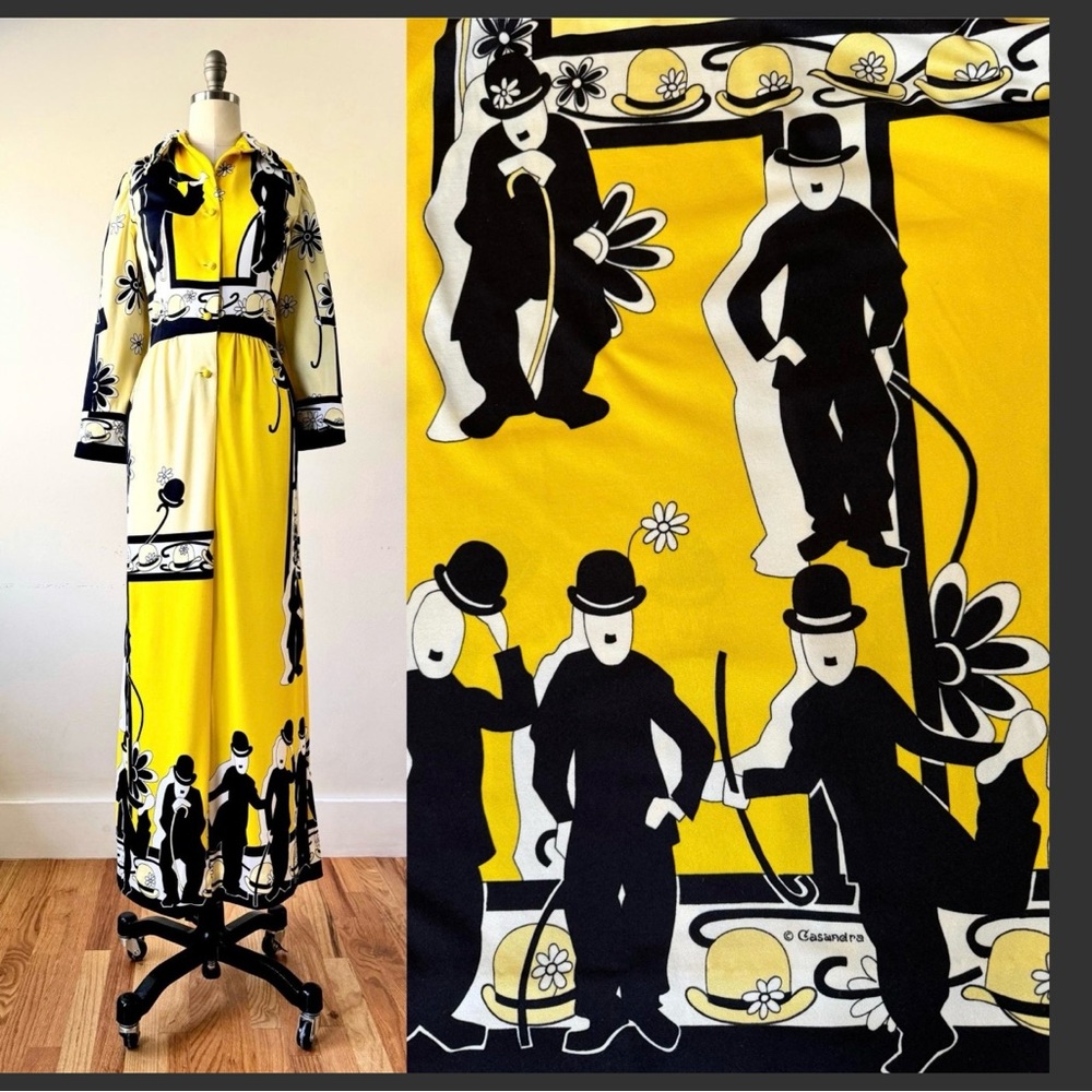 Vintage 70s Charlie Chaplin novelty print maxi dress. Casandra Saks Fifth Avenue